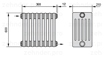 Схема (чертеж) Радиатор Zehnder Charleston 6060/8 №1670 Белый глянцевый RAL 9016